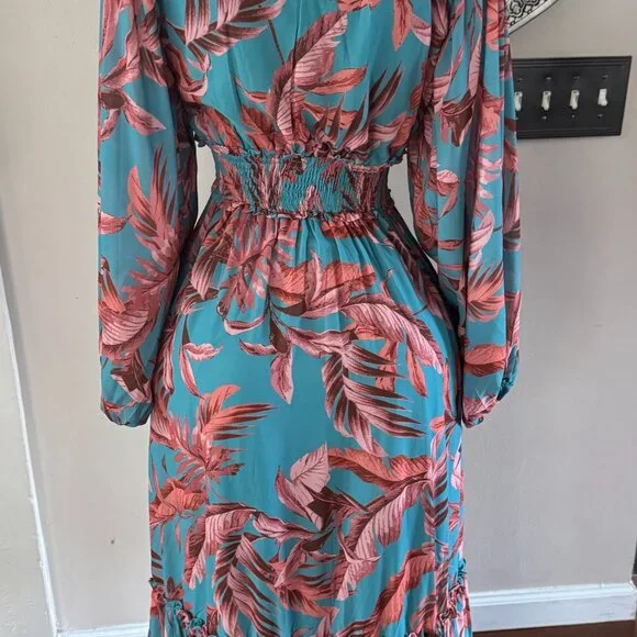 Bohme Maxi Tropical Aqua Print Knit Tiered Dress M - Picture 4 of 13